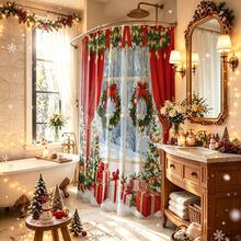 1pc Christmas Scene Print Shower Curtain, Abstract Vintage Polyester Fabric Shower Curtain, With 12 Hooks, Suitable For Bathroom Or Bathtub Decoration - Multicolor - View 2