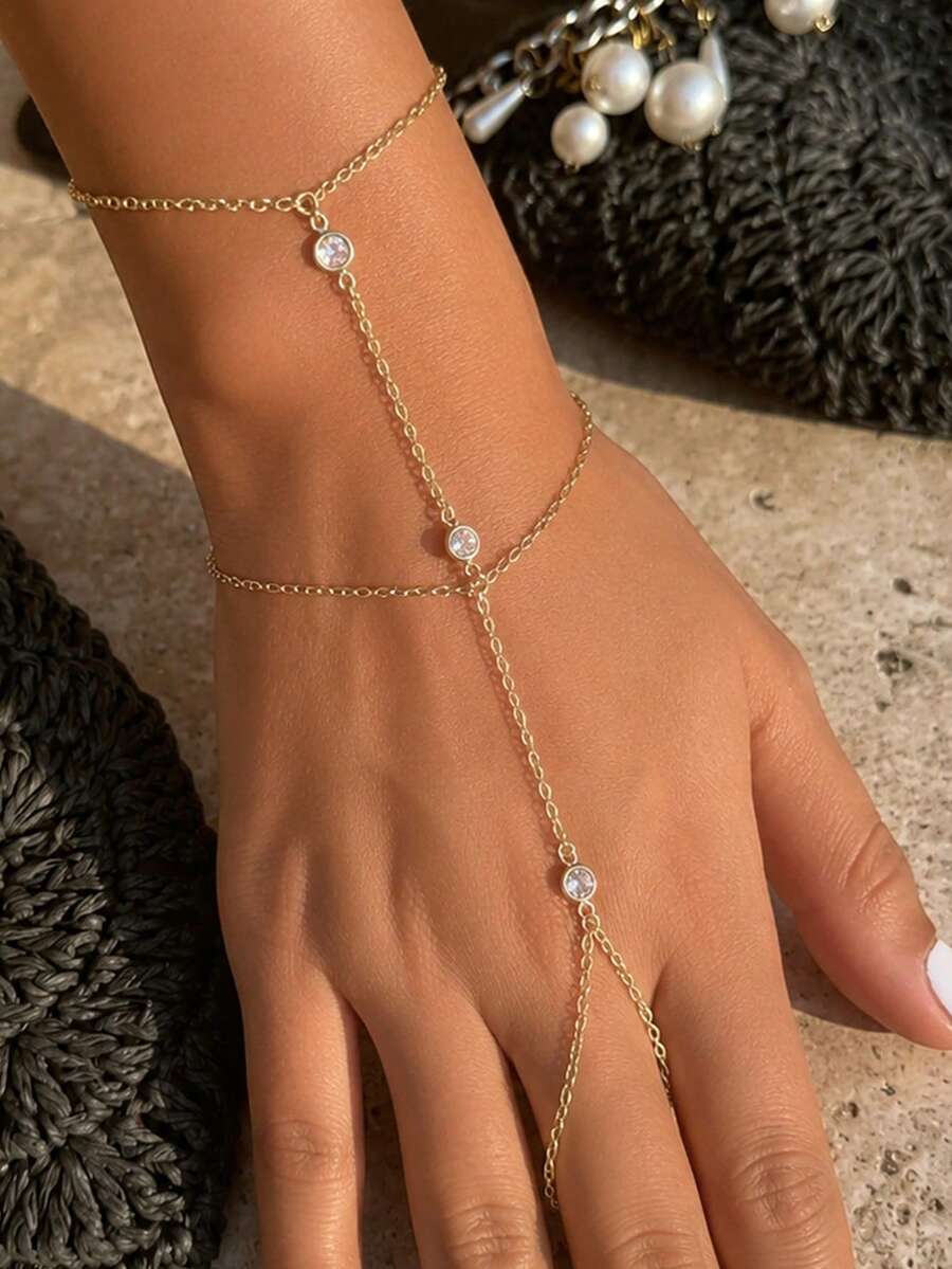STONEFANS 1 buah Gelang Rantai Tangan Minimalis Emas Bertabur Berlian Imitasi untuk Wanita, Gelang Jari Perhiasan Tubuh untuk Pantai, Pesta, Kencan Malam & Pemakaian Sehari-hari - Emas - View 1