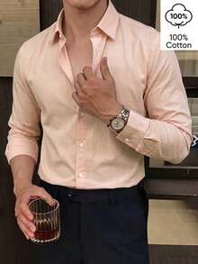 WAIT HIM 100% Cotton Men's Business Style Premium Formal Long Sleeve Shirt - Pink - View 5