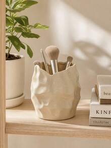 1pc Asymmetrical Makeup Brush Holder, Wrinkled Texture Vanity Storage Cup, Cream Glossy Decorative Vase, Suitable For Brushes/Pens, Aesthetic Desktop Bathroom Countertop Decor, Vanity Decor, Neutral Home Decor - 1pc - View 2