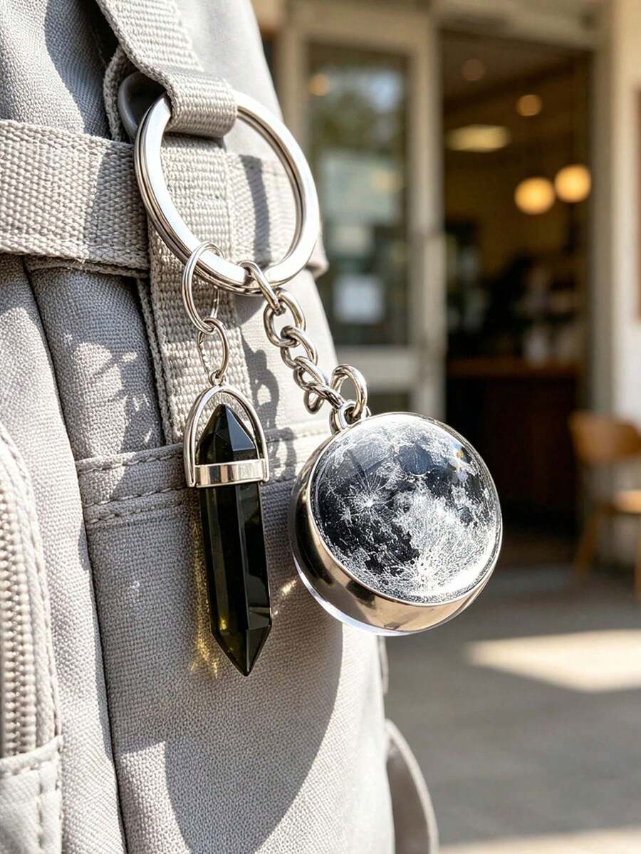 Double-Sided Glass Ball And Star Decor, Dreamy Starry Sky Shaped Glowing Synthetic Gemstone Keychain, Solar System Planet Keychain, Moon, Mercury, Mars Keychain, Fashionable Bag Accessory, Wallet Backpack Handbag Pendant, Car Key Earphone Case Accessory, Suitable For Back To School Season, Unisex Gift, Also Suitable For Friends Or Family, Suitable For Hiking And Beach Play - Multicolor - View 1