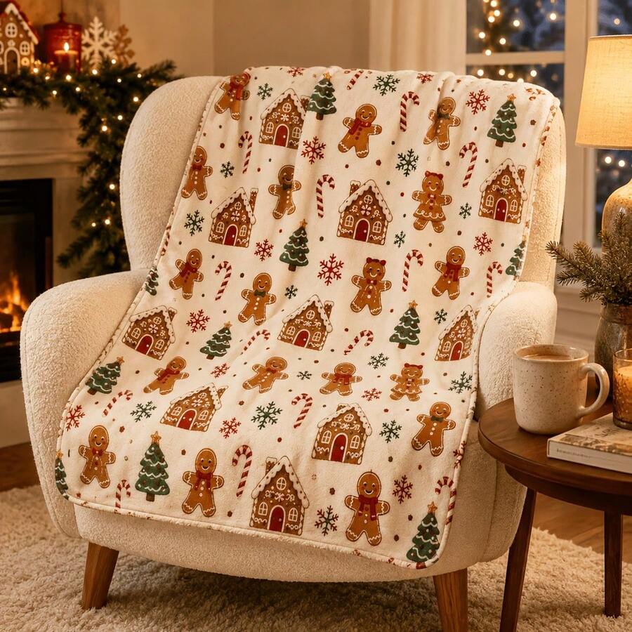 1PC Gingerbread Man Gingerbread House Candy Cane Christmas Tree Print Throw Blanket, Retro Christmas Holiday Decor Blanket For Sofa Bedroom - Multicolor - View 1
