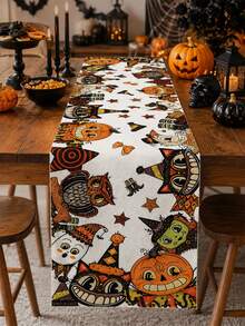 1pc Vintage Cartoon Halloween Table Runner, Beige Linen Long Style, Printed With Pumpkin, Cat And Ghost Patterns, Fun Retro Style Dining Table Decor, Suitable For Halloween Party, Kitchen And Seasonal Home Decoration - Multicolor - View 2