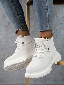 Women's Thick Sole Cargo Style Style Lace-Up Casual Ankle Boots, Fashionable Daily Wear For Autumn/Winter - White - View 5