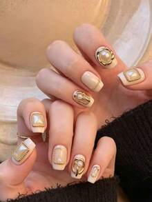 2pcs Y2K New Square Pearl Shaped Nail Art Charms, Gold Minimalist Fashion High-Quality Nail Main Rhinestones, Suitable For Long And Short Nail Styles Design - Multicolor - View 4