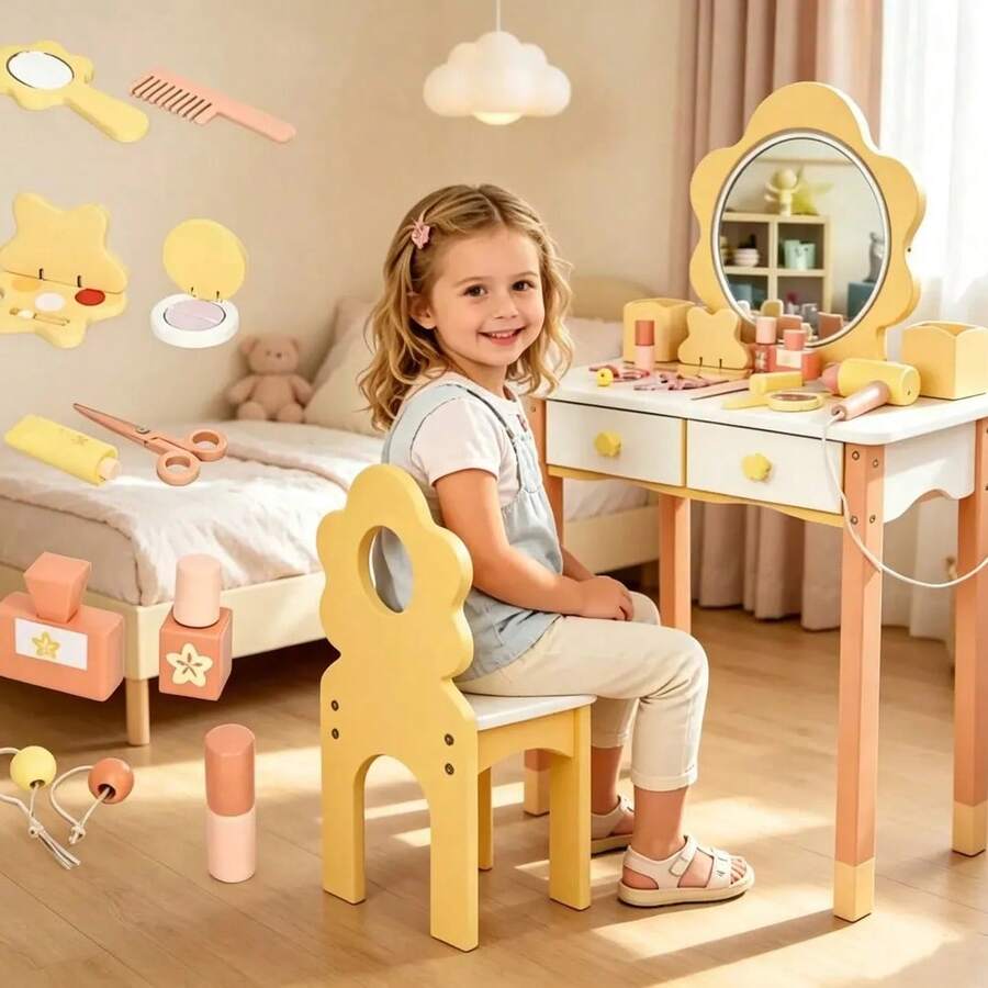 Juego de Madera Tocador para Niñas con Espejo, Mesa de Maquillaje y Juego de Imitación para Princesitas, Madera Resistente De Maquillaje Vanity Set Amarillo, Cajones para Guardar Juguetes y Accesorios - Amarillo - Ver 1