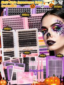 Mixed‑Style False Eyelash Cluster Set, Available In 120/192/208/352/408/608 Pieces. Black & Colored DIY Home‑Use Lash Clusters, Lightweight & Soft Segmented Lash Extension Kit, Great For Daily Makeup, School Performances, Halloween And Cosplay. - D - View 1