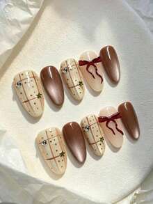 1package/10pcs-Autumn‑Winter Press‑On Nails Medium Oval Fake Nails Brown Cat‑Eye Plaid Pattern 3D Bow Rhinestone Nail Art For Holiday Daily‑Outfit Young Women - Brown - View 3
