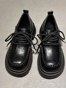 1 Pair Solid Color Preppy College PU Leather Lace-Up Women's Wedge Thick Sole Shoes Office All Season - Black - View 4