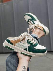 Men's Versatile Retro Random Print Patchwork Thick Front Lace-Up Casual Sports Shoes, Minimalist Design Daily Wear Sports Comfortable Lightweight Slip-On Half-Back Men's Shoes - Rice Green - View 10
