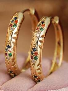 Gmzalx Fashion Hollow Leaf Round Women's Earrings, Inlaid With Synthetic Zirconia, Eye-Catching Versatile Ear Jewelry, Suitable For Commuting, Evening Party, Date Occasions, Perfect Gift For Holidays - Colorful - View 1