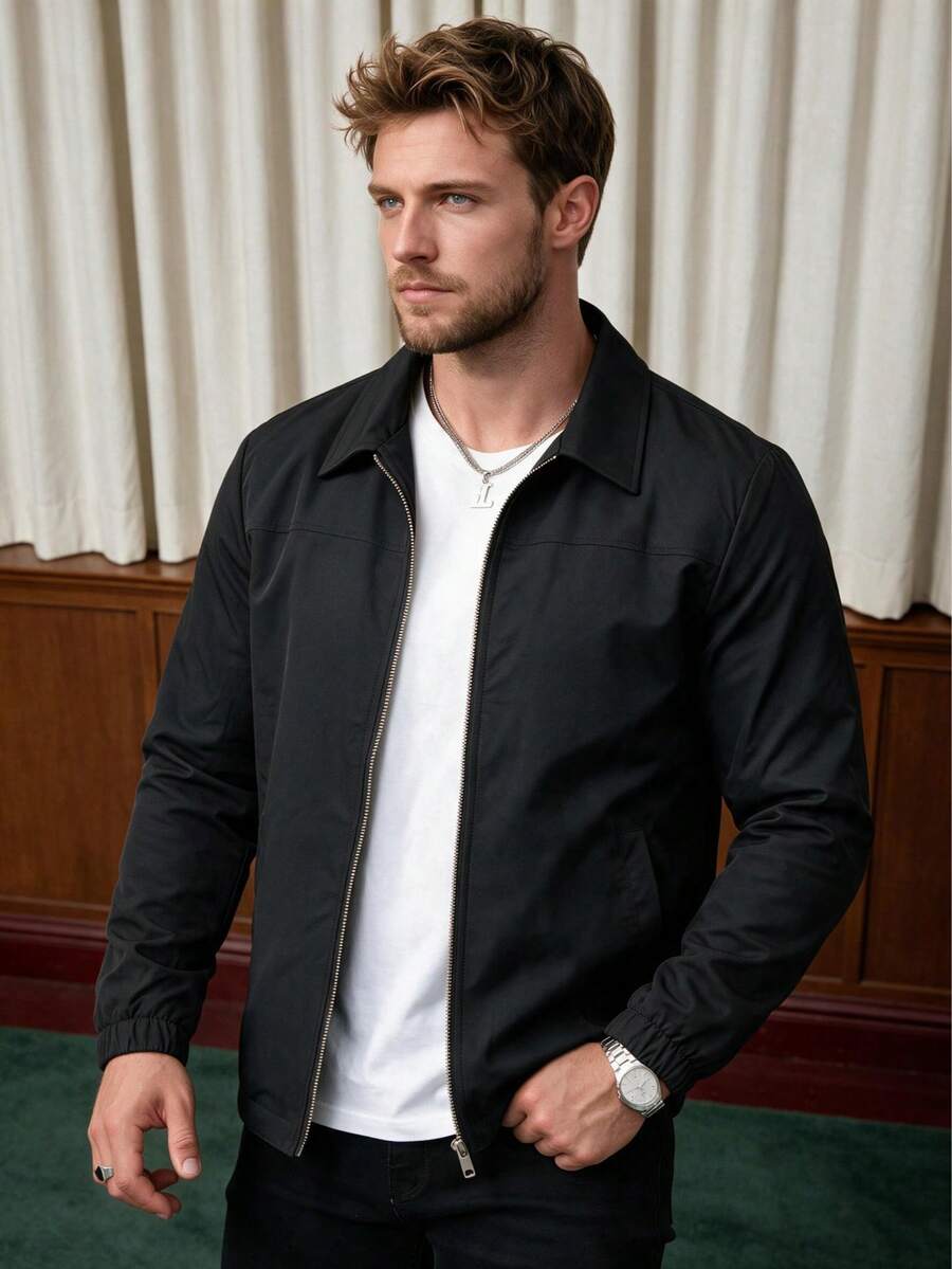 Men's Spring/Autumn Casual Fashion Versatile Minimalist Turn-Down Collar Jacket - Black - View 1