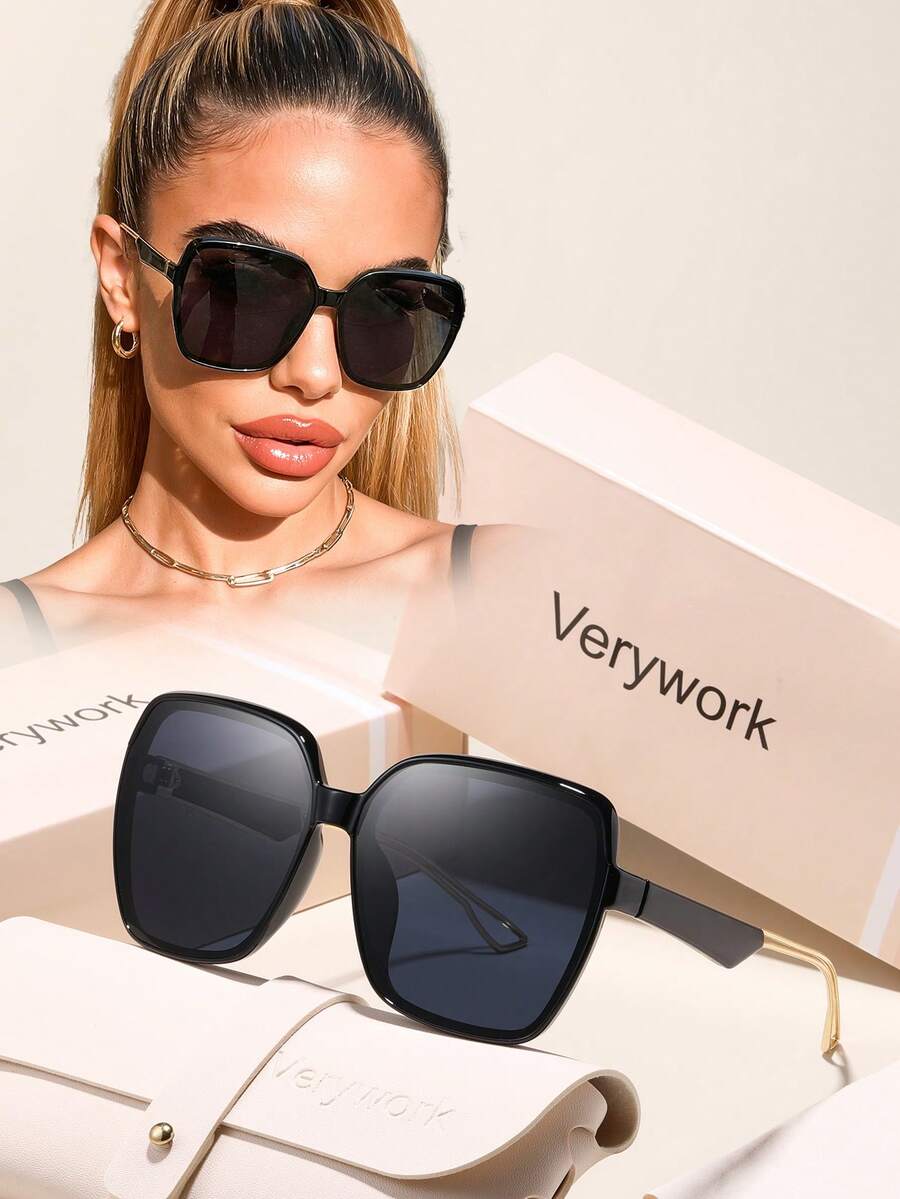 Verywork1 Classic Square Brand Design Women's Sunglasses, Comes With Storage Case And Cleaning Cloth, Suitable For Commuting, Beach Vacation, Outdoor Activities And More. - Multicolor - View 1