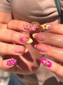 24pcs Y2K French Edge Press-On Fake Nails, Medium Almond Shape, Acrylic Star Rhinestone Design, Fashion Glossy Full Coverage Wearable Nails For Women And Girls, Party And Daily Wear - Multicolor - View 1
