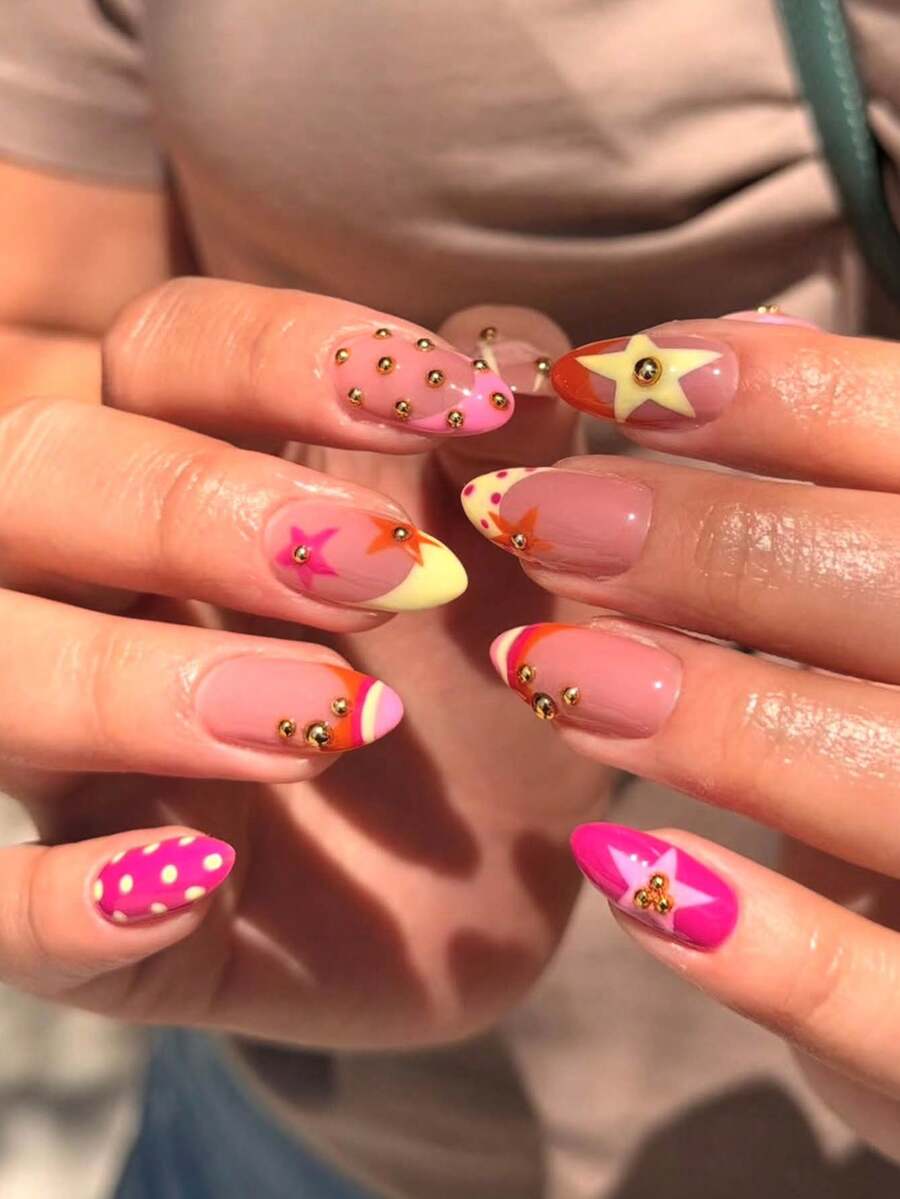 24pcs Y2K French Edge Press-On Fake Nails, Medium Almond Shape, Acrylic Star Rhinestone Design, Fashion Glossy Full Coverage Wearable Nails For Women And Girls, Party And Daily Wear - Multicolor - View 1