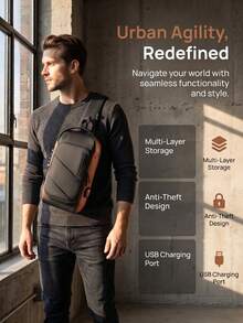 NEWHEY Men's Large Capacity Anti-Theft Crossbody Chest Bag With Combination Lock And USB Charging Port, Waterproof One Shoulder Backpack, Suitable For Travel, Business And Daily Use - Multicolor - View 2