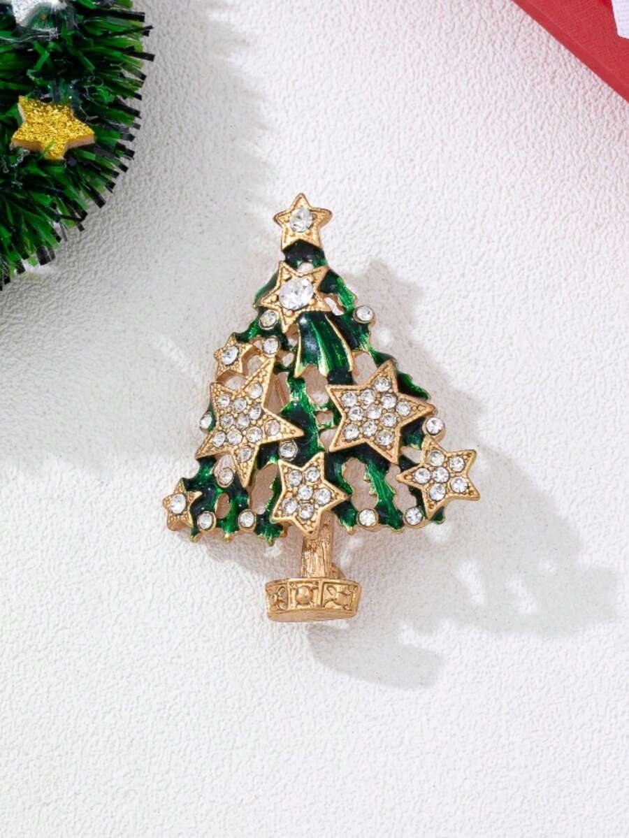 1PC Green Christmas Tree Pentagram Hollow Brooch Lapel Pin For Women, Suitable For Christmas Wear - Green Christmas Tree - View 1