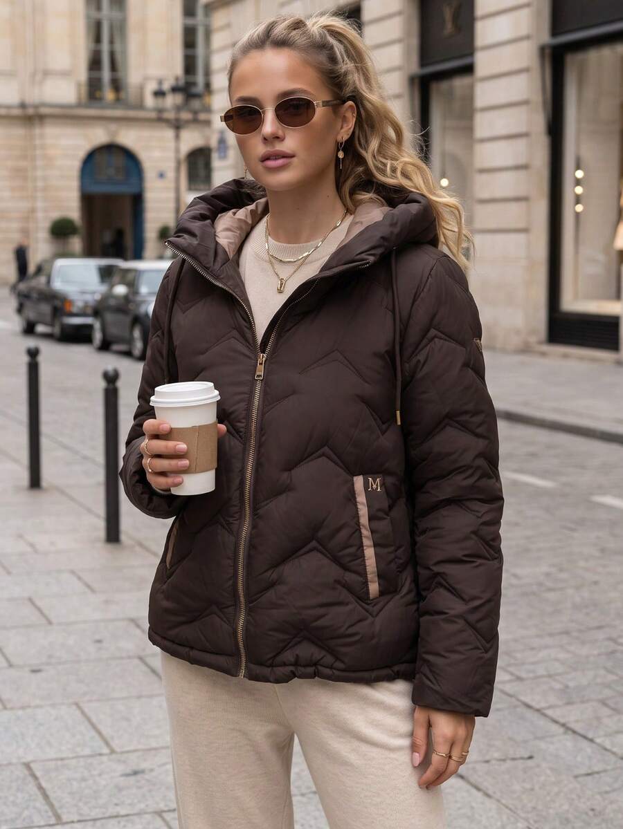 Women's Quilted Hooded Jacket With Drawstring Hood, Zip Front, Side Pockets And Regular Fit - Brown - View 1