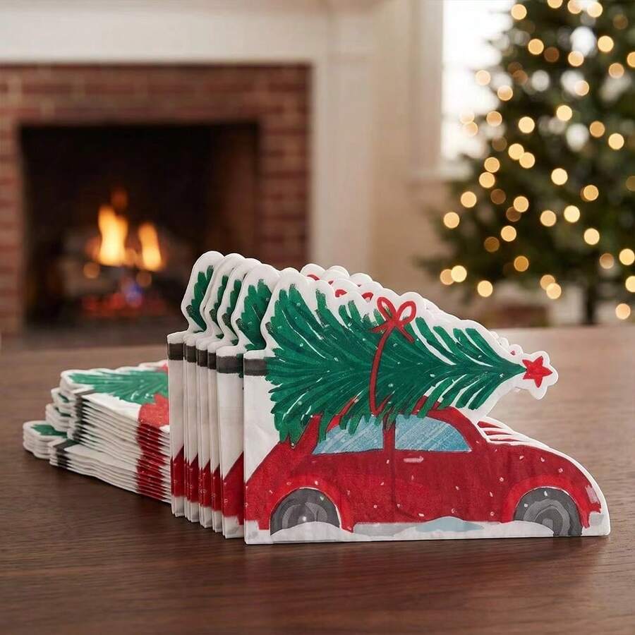 20/40/60pcs Vintage Red Car Christmas Tree Disposable Paper Napkins, Merry Christmas Winter Holiday Dinner Cocktail Napkins, Christmas Party Tableware Decor, Suitable For Home Winter Holiday Celebrations - Christmas Tree - View 1
