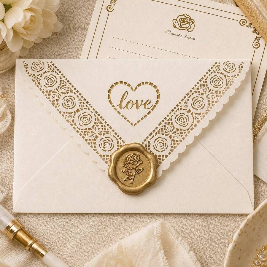 10/20/50pcs - Lace Carved Triangle Heart Love Pattern Cream White Envelopes, Laser Cut Lace Edges, Party Decoration Envelope Cardstock, Suitable For Holiday Gifts, Birthday Decorations, Gift Envelopes, Love Letters, Wedding Invitations, Room Decor - Off-white - View 1