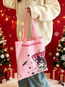 Fisher Price Sweet Macaron Color Anime Print Canvas Tote Bag, "Happy Everyday" Slogan With Stars And Daisy Pattern, Durable Wear-Resistant Fabric Shopping Style Handbag - Multicolor - View 7