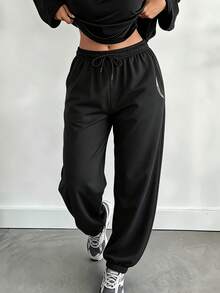 Women's New Jogger Sweatpants, Drawstring, Elastic Waist, Printed Design, Suitable For Street, Home Leisure, Outdoor Sports, All-Season Wear - Black - View 6