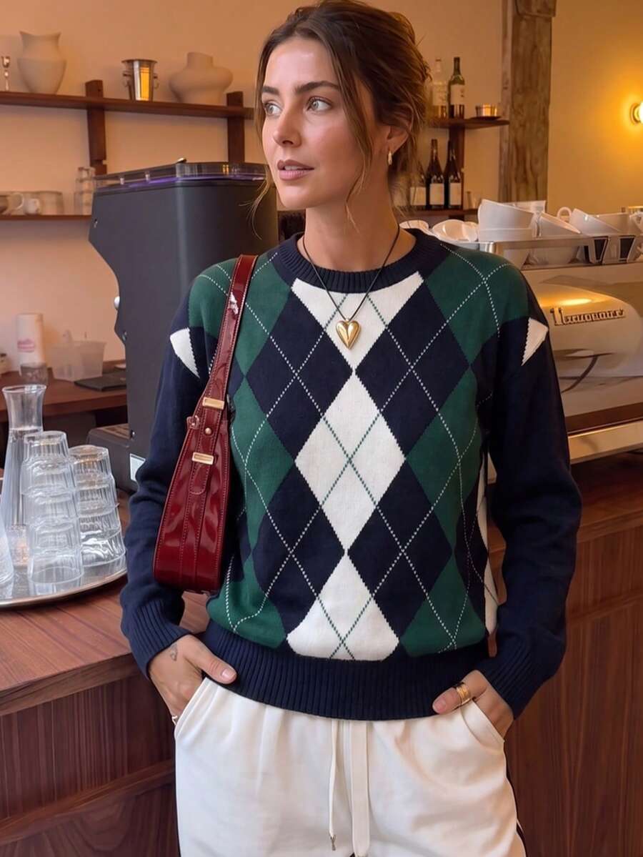 Women's Argyle Knit Crew Neck Sweater, Preppy Vintage Back To School Style, Loose Fit Top For Autumn/Winter Fall - Green - View 1