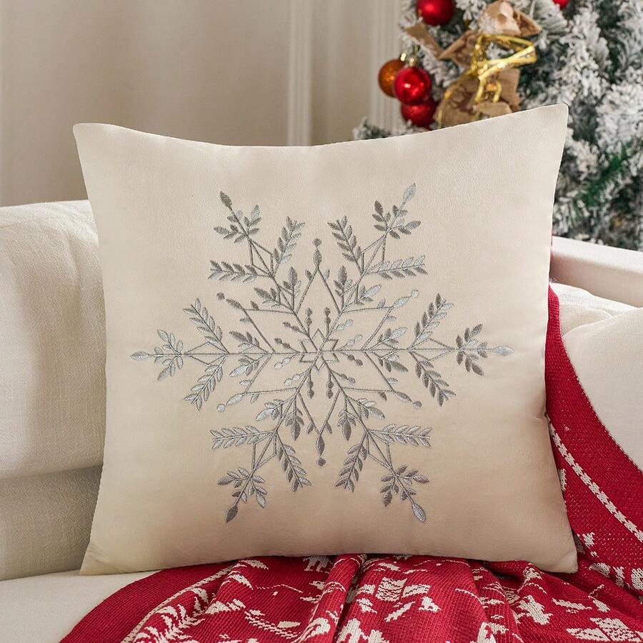 1 buah Sarung Bantal Bordir Kepingan Salju Perak Beludru Musim Dingin Cocok untuk Dekorasi Rumah Natal Musim Dingin Sofa Kamar Tidur Tanpa Isi Bantal - Perak - View 1