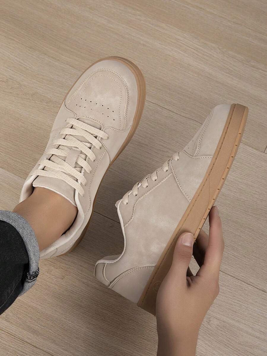 Men's Low-Top Lace-Up Casual Sneakers With Contrast Color Design, Suitable For All Seasons, Daily Wear, Commuting And Outings - Khaki - View 1