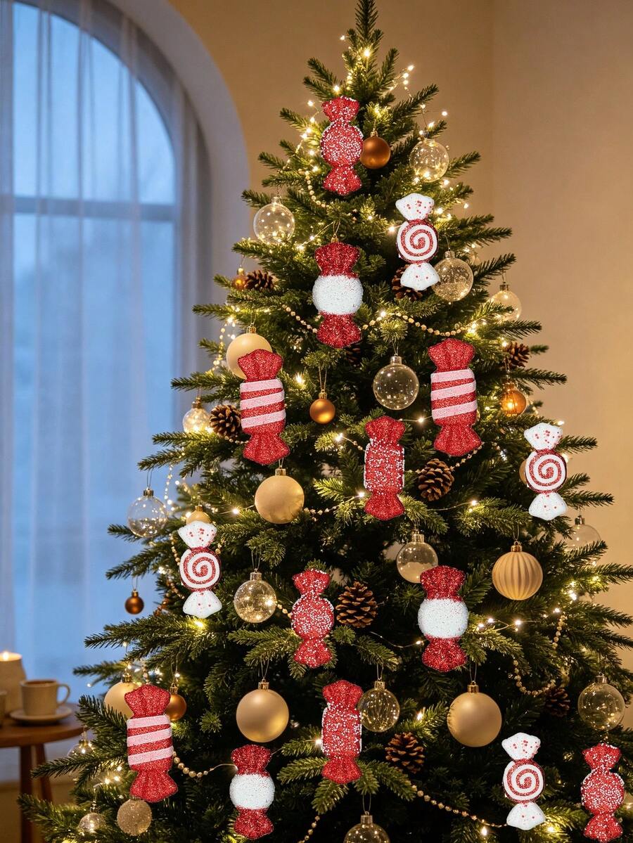 6/5pcs&1pc Christmas Red Decorative Hanging Ornaments Set, Christmas Tree Hanging Decorations, Christmas Window Display Decor, Holiday Home Decor, Atmosphere Creating Props, Photography Props, Suitable For Christmas Tree Hanging Decoration, Christmas Party Indoor And Outdoor Decoration - Multicolor - View 1