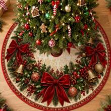 1 buah Alas Pohon Natal Bermotif, Dekorasi Liburan Warna Elegan, 5 Ukuran, Hadiah Liburan Unisex, Cocok untuk Dekorasi Rumah dan Pesta Natal - Karangan bunga pita merah beludru vintage - View 2