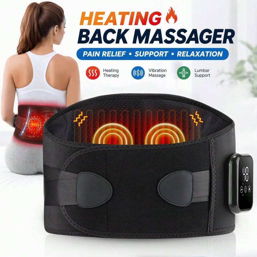 Wireless Heating Pad With Massage Function, Waist Massage Support Belt, Adjustable Straps, 3 Temperature Levels, Auto Timer, Suitable For Back Care, Provides Relief And Support, Perfect As Birthday Gift For Men And Women, Portable Back Massager, USB Rechargeable, Suitable For Mom, Dad And Elderly