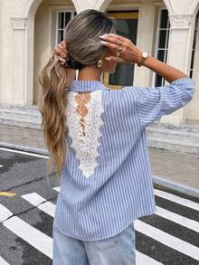 Casual Fashion Backless Lace Patchwork Loose Long Sleeve Blouse, Women's Top Autumn/Winter New Style, Versatile For Daily Wear - Blue - View 2