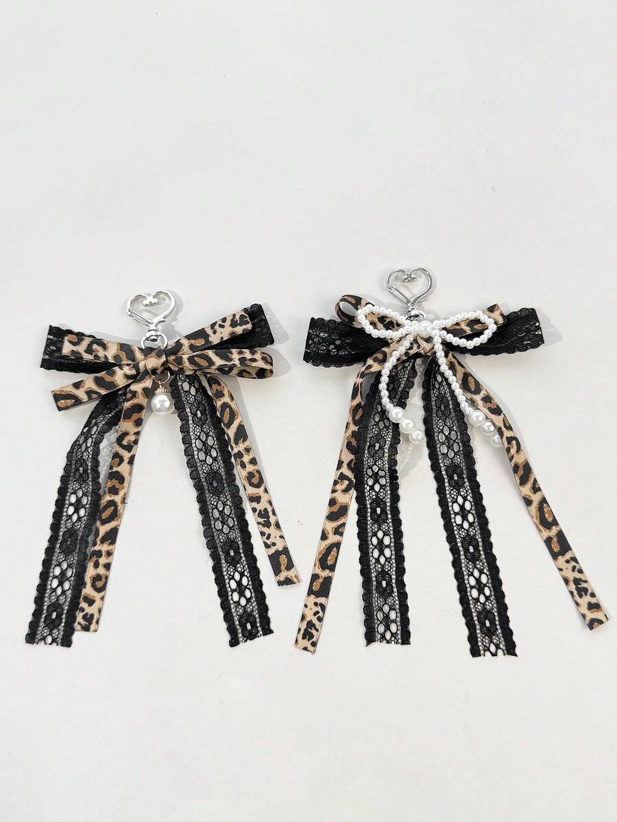 1pc Leopard Print Lace Pearl Bow Keychain Bag Charm Sweet Cool Lace With Pearl Pendant Accessory - Multicolor - View 1