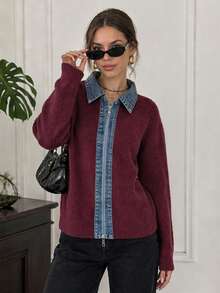 Wixra Jaket Rajut Wanita dengan Kerah Denim Kontras dan Resleting, Lengan Panjang, Bahu Longgar, dan Kardigan Sweater - Burgundy - View 5