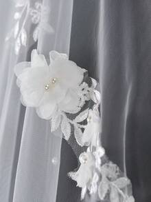 1pc 3D Floral Faux Pearl Long Trailing Lace Bridal Veil, Single Layer Short With Hair Comb, Waltz Length, Suitable For Cathedral Wedding, Wedding Photography, Civil Registration Headpiece - White -i - View 8