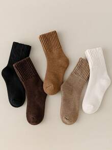 1/5/10 Pairs Women's Ribbed Mid-Calf Socks With Terry Lining, Thick Terry Knit Mid-Calf Socks, Solid Earth Tone Everyday Socks - Multicolor - View 2