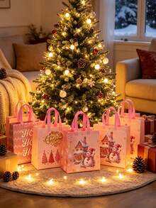 24pcs/4pcs Pink Christmas Party Gift Bags With Handles – Festive Gift Bags Featuring Santa, Snowman, Reindeer, And Gingerbread House Designs, Complete With "Ho Ho Ho" Tags; Suitable For Birthdays, Holiday Gift-Giving, And Christmas Decorations. - Multicolor - View 5