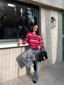 Women's Casual Regular Fit Retro Collegiate Style Colorblock Striped Long Sleeve Polo Neck Pullover Knit Sweater, Suitable For Outings And Back To School, 2026 Autumn/Winter - Red - View 7