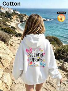 2026 Autumn/Winter Girls' Custom Loose White Hoodie, Bow And Stationery Letter Print, Cute Cartoon Style - White - View 4