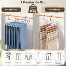 2PK Ganchos para Pantalones Ahorra Espacio 9 en 1. Acero Inoxidable, Ropa Organizador, Ganchos Ropa para Pantalones, Jeans, Bufandas - Verde - Ver 5
