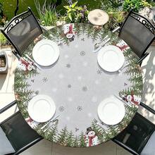 1pc Christmas Tree Snowman Round Tablecloth, Christmas Tablecloth With Elastic Edge, Soft And Wrinkle-Resistant, Waterproof, Oil-Resistant, Scratch-Resistant, Suitable For Round Dining Table, Outdoor Restaurant Decoration And Outdoor Party, Kitchen, Baking, Outdoor Decor, Outdoor Patio, Breakfast, Brunch And Party Decoration - Multicolor - View 1