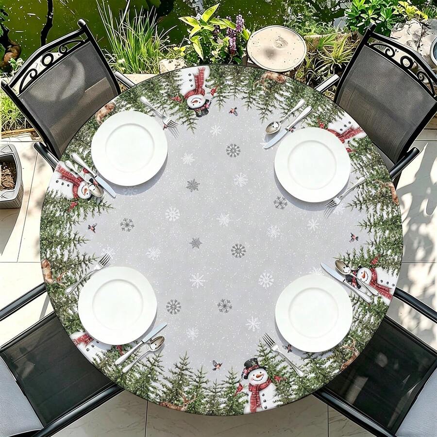 1pc Christmas Tree Snowman Round Tablecloth, Christmas Tablecloth With Elastic Edge, Soft And Wrinkle-Resistant, Waterproof, Oil-Resistant, Scratch-Resistant, Suitable For Round Dining Table, Outdoor Restaurant Decoration And Outdoor Party, Kitchen, Baking, Outdoor Decor, Outdoor Patio, Breakfast, Brunch And Party Decoration - Multicolor - View 1