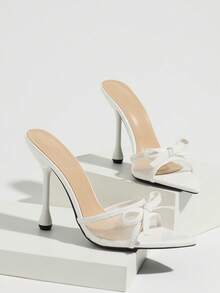Elegant White Mesh Bow Pointed Toe Mule High Heel Sandals, Slip-On Comfortable Stiletto Heels, Suitable For Wedding And Banquet Occasions - White - View 9