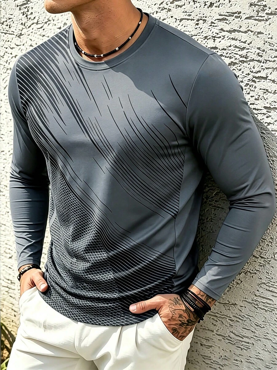 Men's Crew Neck Printed Long Sleeve T-Shirt, Street Style Versatile Long Sleeve Top - Grey - View 1