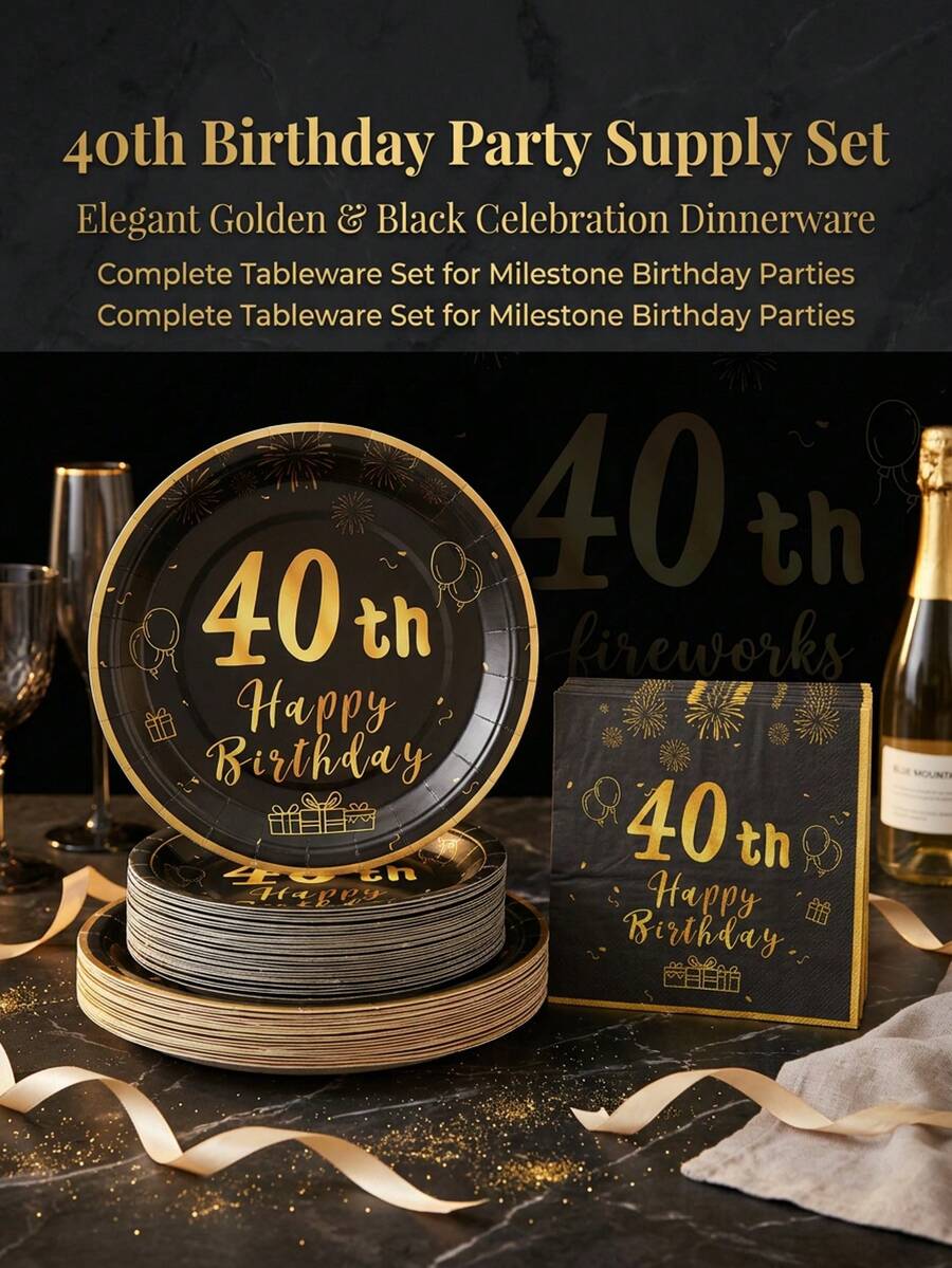 40th Anniversary Tableware Set, 72 Pieces, Suitable For 24 Guests, Disposable Paper Plates And Napkins, 40th Birthday Party Decorations, Wedding Anniversary Gift Set, For Parents And Friends, Birthday Gift, Halloween, Christmas Decorations - Multicolor - View 1
