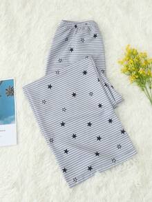 Celana Panjang Piyama Wanita Motif Bintang Bergaris dengan Potongan Lebar - Light Grey - View 3