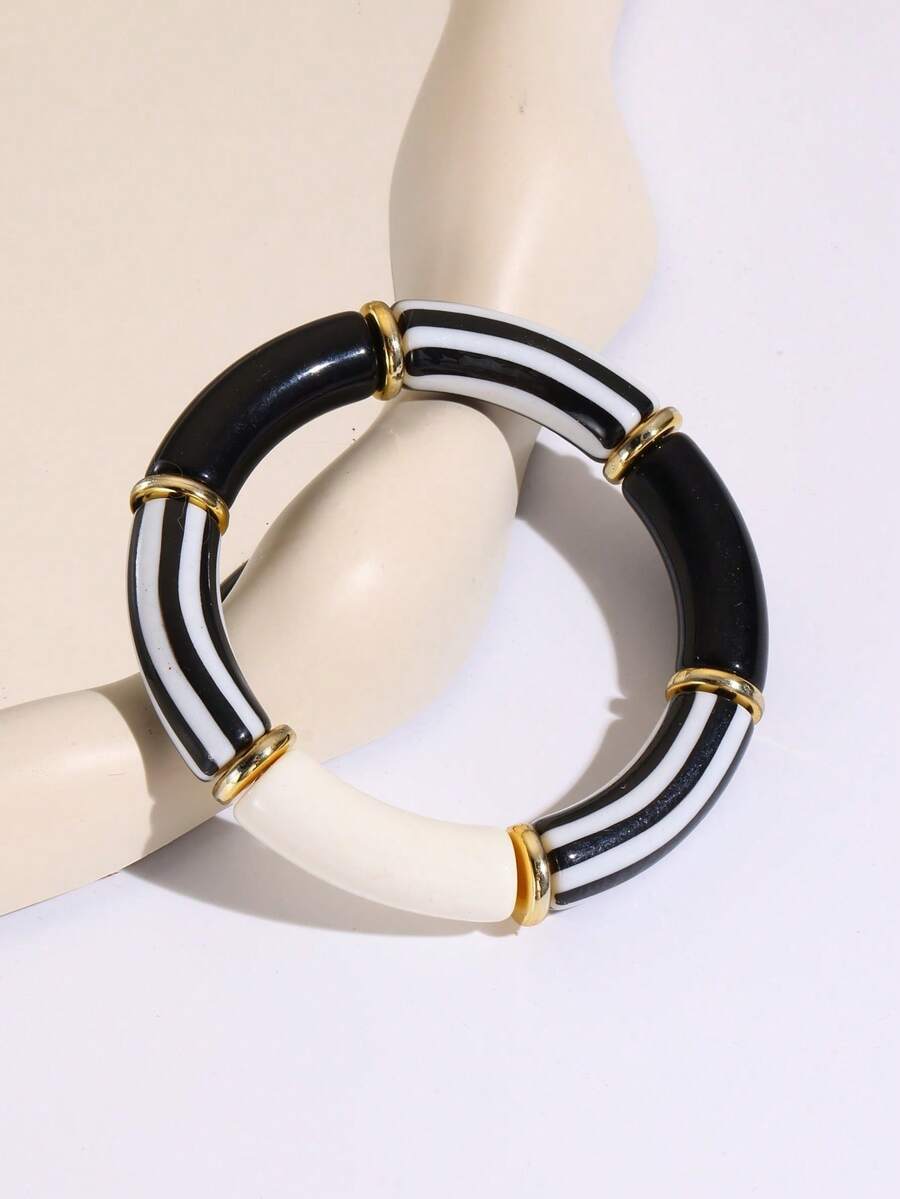 1pc Women's Striped Print Acrylic Curved Elastic Bangle, Colorblock Gold Metal Connector Chunky Stackable Bracelet, Daily Party Jewelry Gift - Black - View 1
