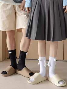 2 Pairs Black & White Magnetic Couple Socks Mid-Calf - Black and White - View 8