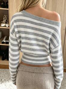 Women's Asymmetric Shoulder Striped Drop Shoulder Long Sleeve Casual Sweater - Grey - View 3